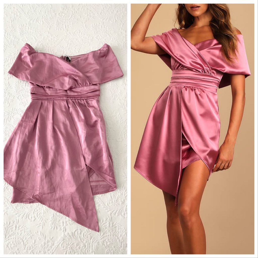 Nwot Lulus Always Celebrating Mauve Pink Satin Off-The-Shoulder Mini Dress Small
